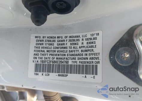 2019 Honda Civic Lx from USA, damaged, VIN 19XFC2F68KE204760